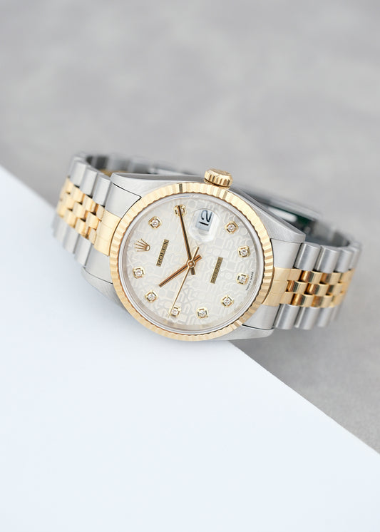 Rolex Datejust 36 Two Tone Yellow Gold White Anniversary Dial With Diamonds 16233 1996