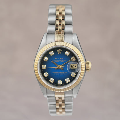 Rolex Lady Datejust 26 Two Tone Yellow Gold Blue Vignette With Diamonds 69173 1993