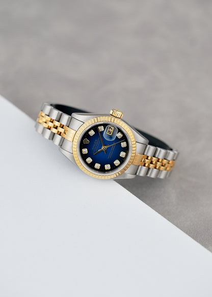 Rolex Lady Datejust 26 Two Tone Yellow Gold Blue Vignette With Diamonds 69173 1993