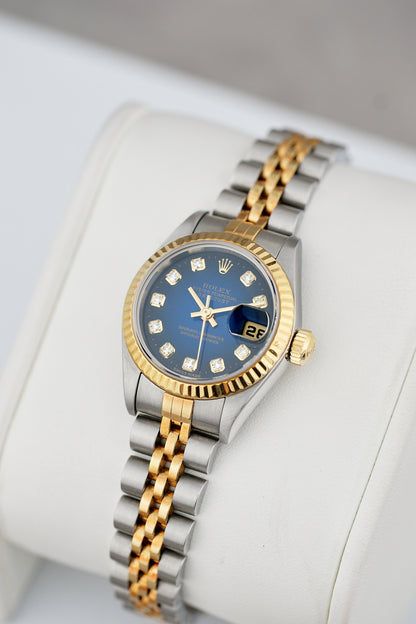 Rolex Lady Datejust 26 Two Tone Yellow Gold Blue Vignette With Diamonds 69173 1993