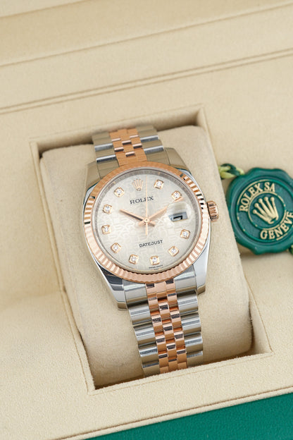 [SOLD] Rolex Datejust 36 Two Tone Rose Gold White Anniv. with Diamonds 36mm 116231 2008