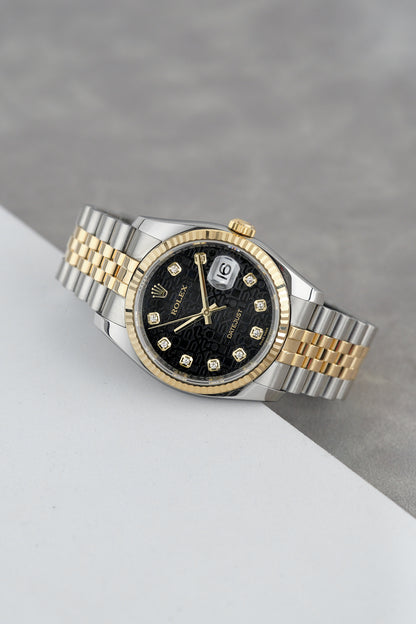 Rolex Datejust 36 Two Tone Yellow Gold Black Anniversary Dial With Diamonds