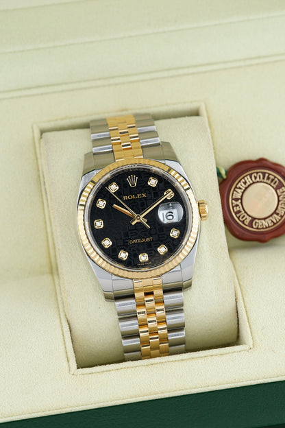 Rolex Datejust 36 Two Tone Yellow Gold Black Anniversary Dial With Diamonds