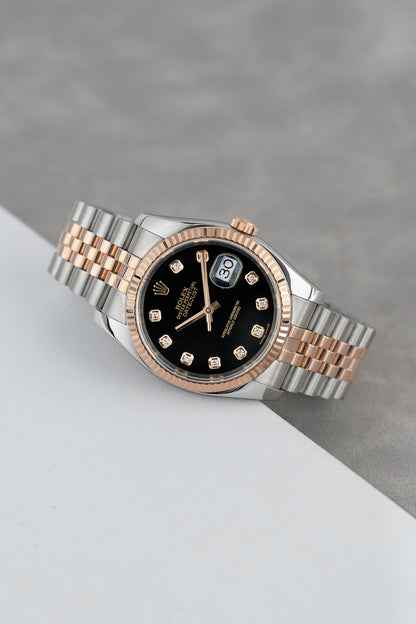 Rolex Datejust 36 Two Tone Rose Gold Black Dial With Diamonds 116231 2014