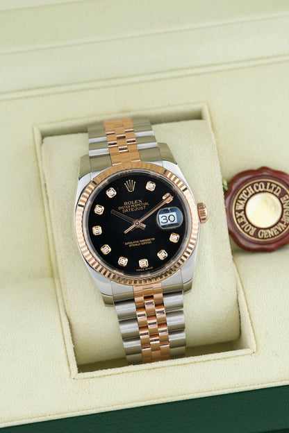 Rolex Datejust 36 Two Tone Rose Gold Black Dial With Diamonds 116231 2014