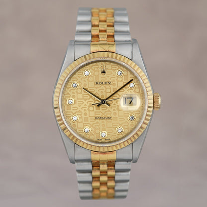 Rolex Datejust 36 Two Tone Yellow Gold Champagne Anniversary Dial With Diamonds 16233 1996