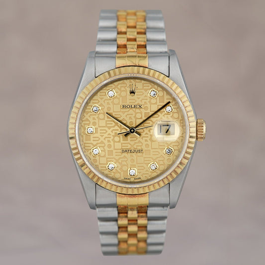Rolex Datejust 36 Two Tone Yellow Gold Champagne Anniversary Dial With Diamonds 16233 1996