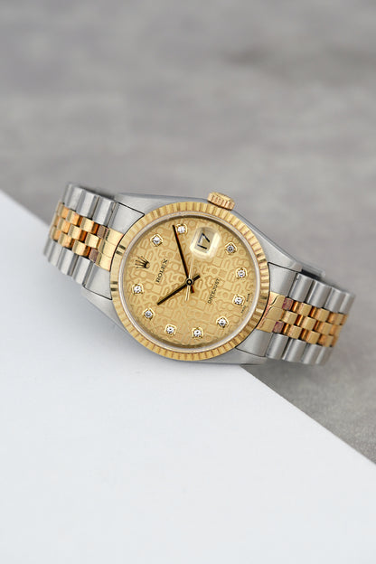 Rolex Datejust 36 Two Tone Yellow Gold Champagne Anniversary Dial With Diamonds 16233 1996
