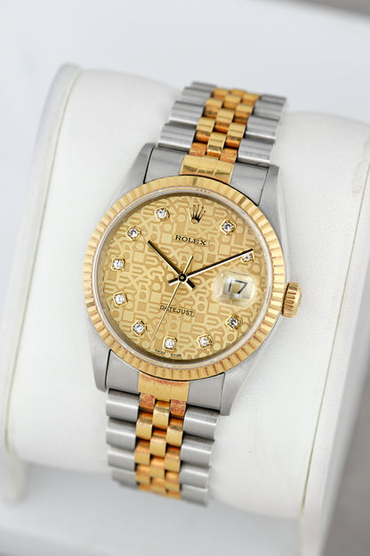 Rolex Datejust 36 Two Tone Yellow Gold Champagne Anniversary Dial With Diamonds 16233 1996