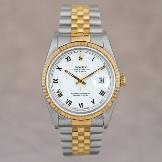 Rolex Datejust 36 Two Tone Yellow Gold White Roman Dial