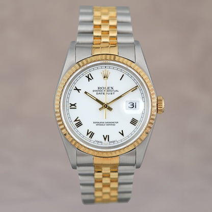 Rolex Datejust 36 Two Tone Yellow Gold White Roman Dial 16233 1991