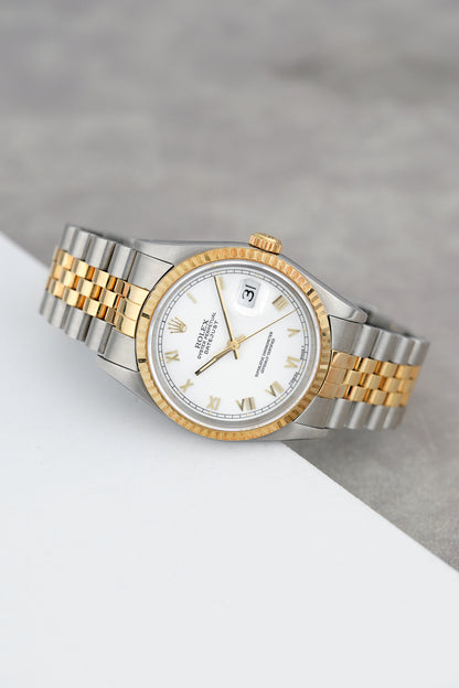 Rolex Datejsut 36 Two Tone Yellow Gold White Roman Dial 16233 1995