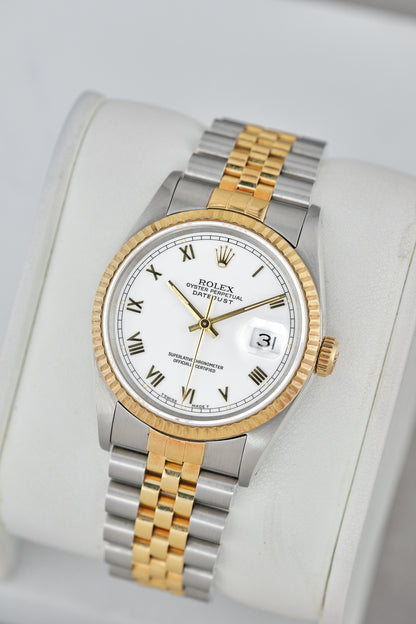 Rolex Datejust 36 Two Tone Yellow Gold White Roman Dial 16233 1991