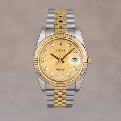 Rolex Datejust 36 Two Tone Yellow Gold Champagne Anniversary Dial With Diamonds 116233 2015