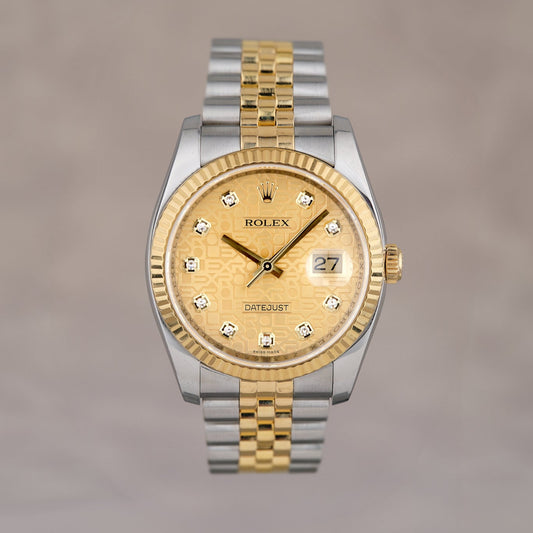 Rolex Datejust 36 Two Tone Yellow Gold Champagne Anniversary Dial With Diamonds 116233 2015