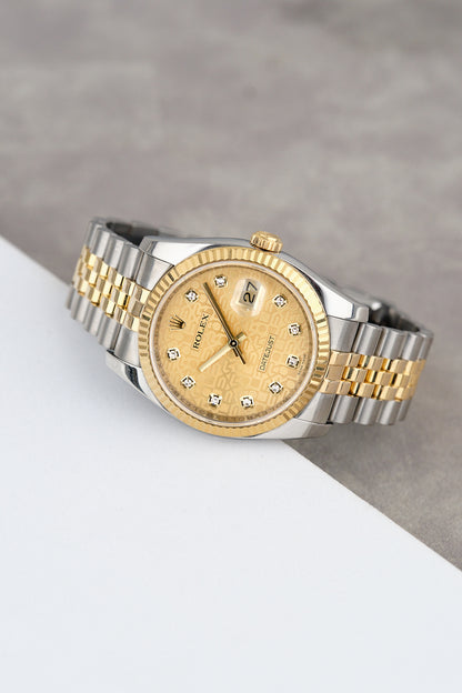 Rolex Datejust 36 Two Tone Yellow Gold Champagne Anniversary Dial With Diamonds 116233 2015