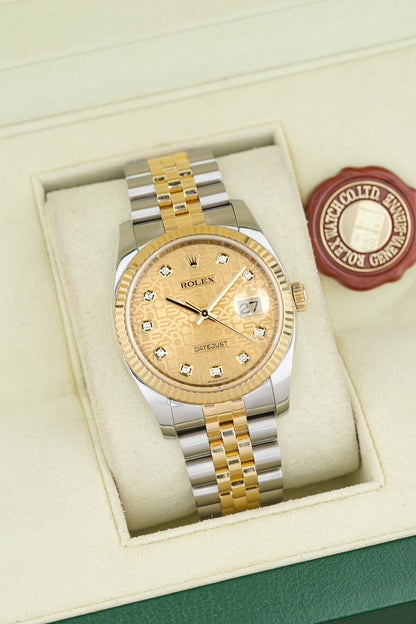 Rolex Datejust 36 Two Tone Yellow Gold Champagne Anniversary Dial With Diamonds 116233 2015