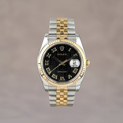 Rolex Datejust 36 Two Tone Yellow Gold Black Anniversary Roman