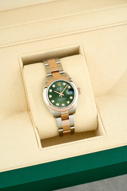 Rolex Datejust 28 Two Tone Everose Green Dial w/ Diamond
