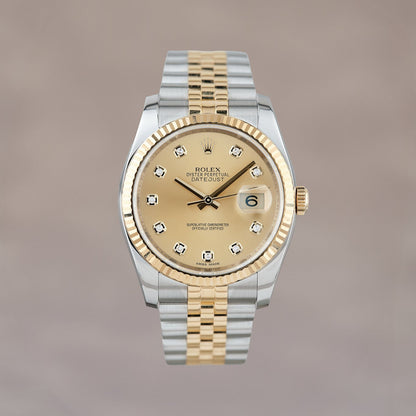 Rolex Datejust 36 Two Tone Yellow Gold Champagne Dial With Diamonds
