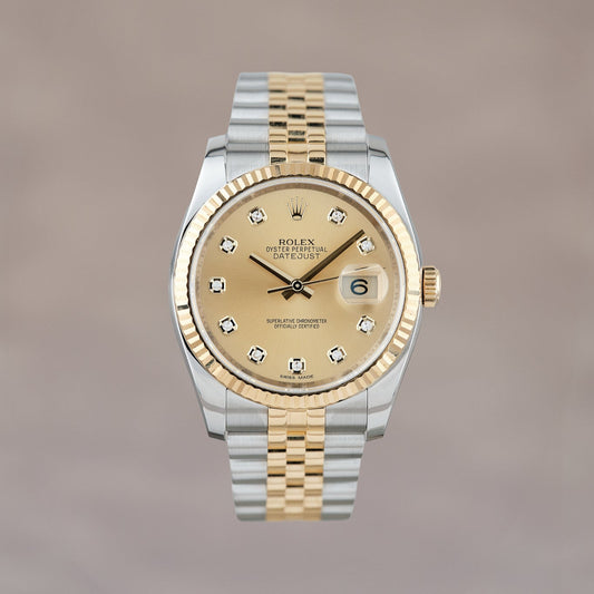 Rolex Datejust 36 Two Tone Yellow Gold Champagne Dial With Diamonds