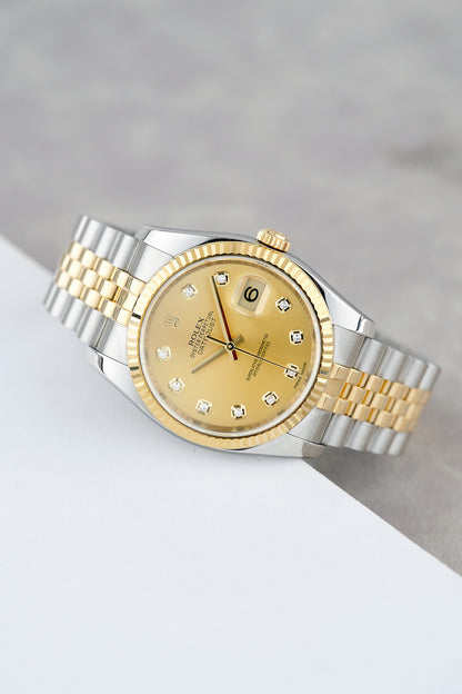 Rolex Datejust 36 Two Tone Yellow Gold Champagne Dial With Diamonds