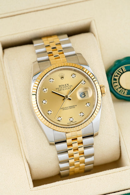 Rolex Datejust 36 Two Tone Yellow Gold Champagne Dial With Diamonds