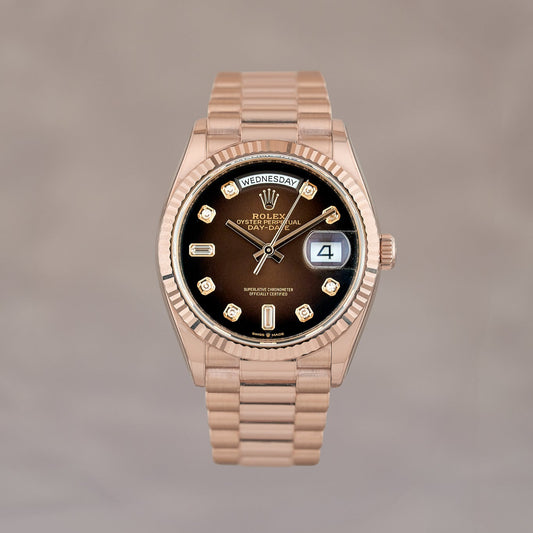 Rolex Day-Date 36 Full Everose Choco DIal w/ Baguette DIamonds