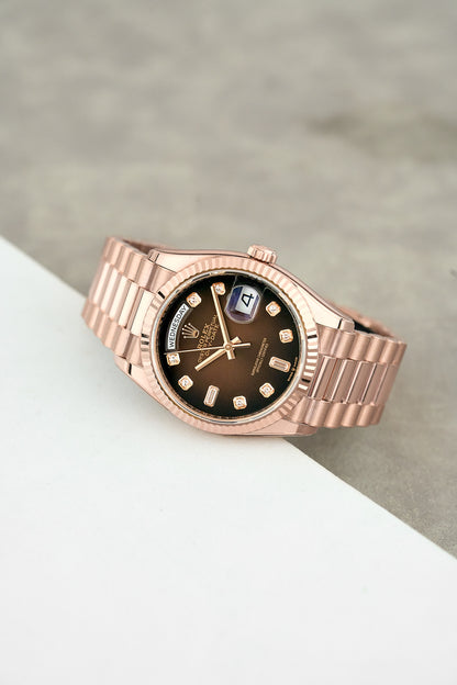 Rolex Day-Date 36 Full Everose Choco DIal w/ Baguette DIamonds