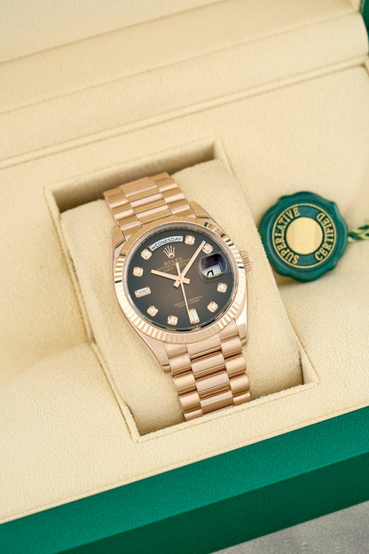 Rolex Day-Date 36 Full Everose Choco DIal w/ Baguette DIamonds