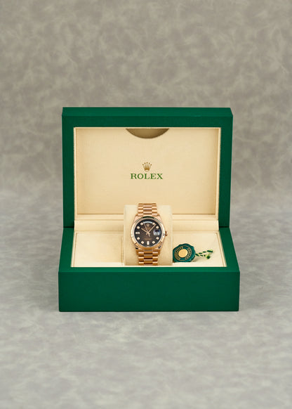 Rolex Day-Date 36 Full Everose Choco DIal w/ Baguette DIamonds