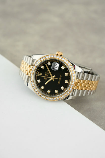 Rolex Datejust 41 Two Tone Yellow Gold Black Dial With Diamond Bezel