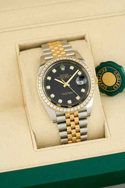 Rolex Datejust 41 Two Tone Yellow Gold Black Dial With Diamond Bezel