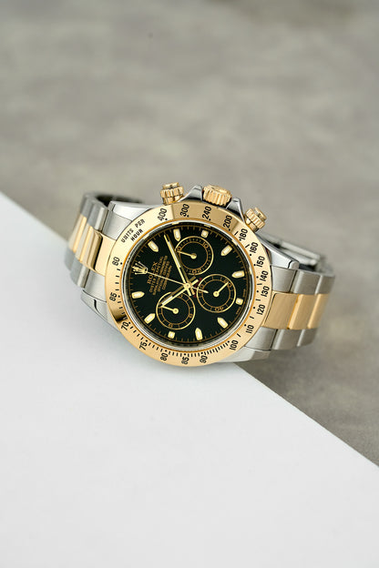 Rolex Cosmograph Daytona Two Tone Yellow Gold Black Dial