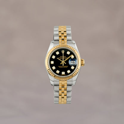 Rolex Datejust 26 Two Tone Yellow Gold Black Dial With Diamonds 179173 2005