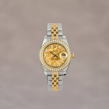 Rolex Lady Datejust 26 Two Tone Yellow Gold Champagne Crytal Flake With Diamond Markers and Bezel 179383 2015