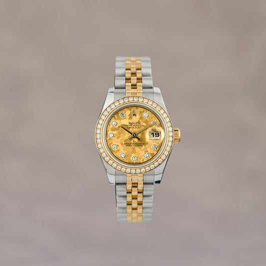 Rolex Lady Datejust 26 Two Tone Yellow Gold Champagne Crytal Flake With Diamond Markers and Bezel 179383 2015