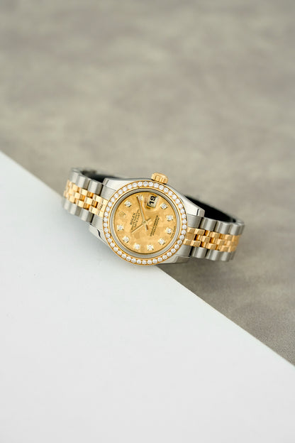 Rolex Lady Datejust 26 Two Tone Yellow Gold Champagne Crytal Flake With Diamond Markers and Bezel 179383 2015