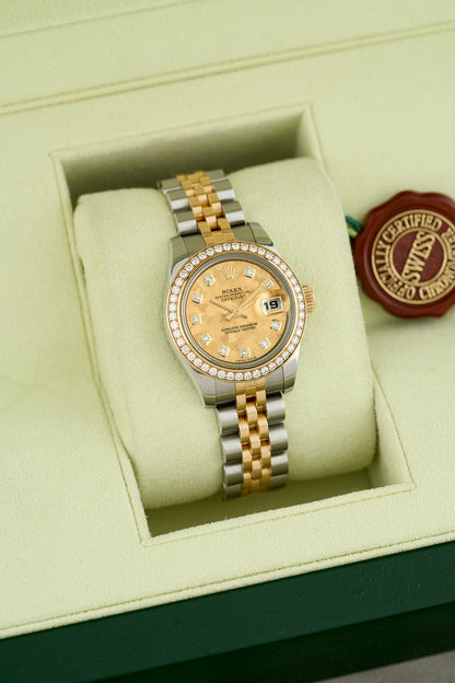 Rolex Lady Datejust 26 Two Tone Yellow Gold Champagne Crytal Flake With Diamond Markers and Bezel 179383 2015