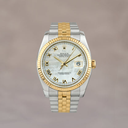 Rolex Datejust 36 Two Tone Yellow Gold Mother Of Pearl Roman Dial