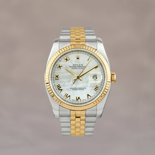 Rolex Datejust 36 Two Tone Yellow Gold Mother Of Pearl Roman Dial