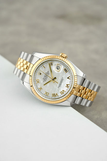 Rolex Datejust 36 Two Tone Yellow Gold Mother Of Pearl Roman Dial