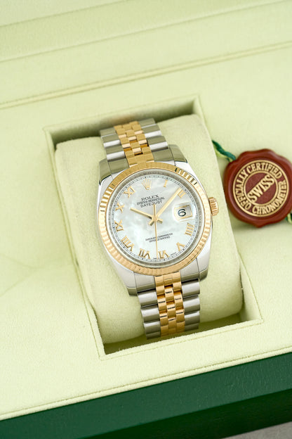 Rolex Datejust 36 Two Tone Yellow Gold Mother Of Pearl Roman Dial