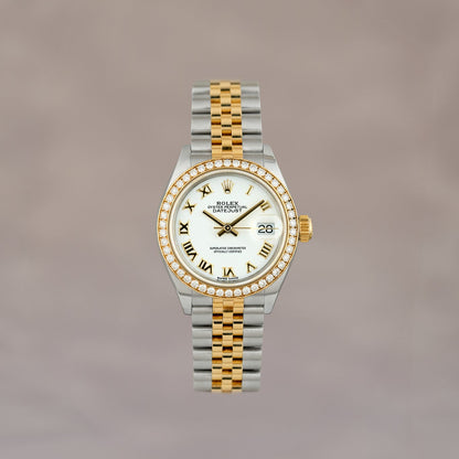 Rolex Datejust 28 Two Tone Yellow Gold White Roman Dial With Diamond Bezel
