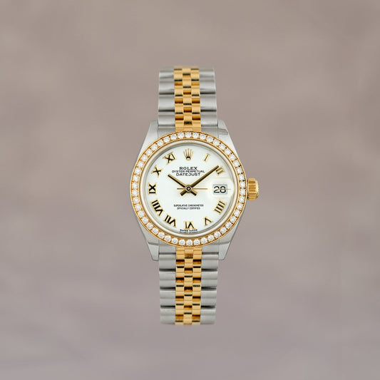 Rolex Datejust 28 Two Tone Yellow Gold White Roman Dial With Diamond Bezel