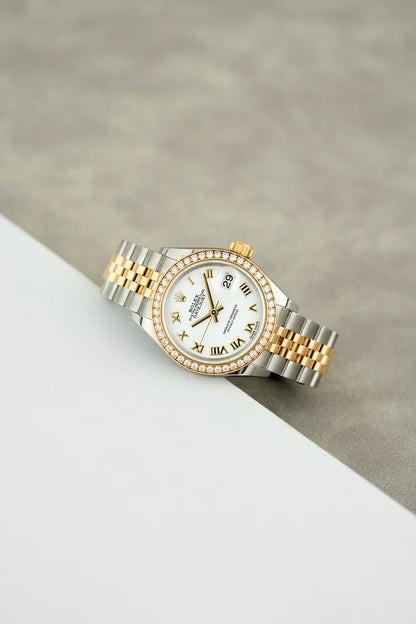 Rolex Datejust 28 Two Tone Yellow Gold White Roman Dial With Diamond Bezel