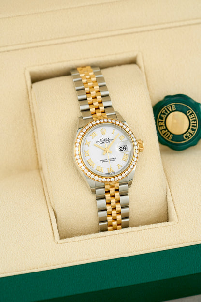 Rolex Datejust 28 Two Tone Yellow Gold White Roman Dial With Diamond Bezel