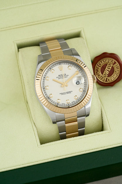 Rolex Datejust II 41 Two Tone Yellow Gold Ivory Dial With Diamonds