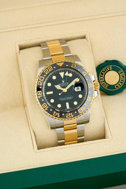 Rolex GMT-Master II Two Tone Yellow Gold Green Arrow 116713LN 2014