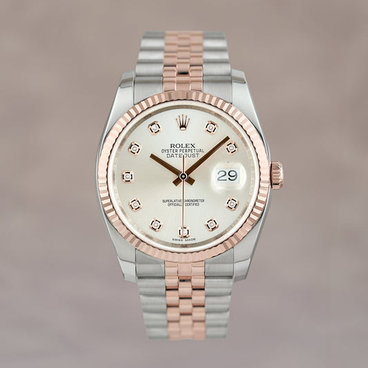 Rolex Datejust 36 Two Tone Everose Silver Dial With Diamonds